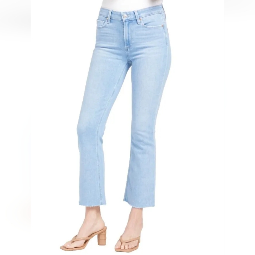 Paige Jeans Vintage Colette Crop Flare Raw Hem Distressed Blue Denim Sz 24 26/27